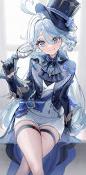 Rule 34 | 00nanona, 1girl, absurdres, ahoge, ascot, asymmetrical gloves, black ascot, black gloves, blue eyes, blue hair, blue hat, blue jacket, brooch, closed mouth, commentary, crossed legs, cup, furina (genshin impact), genshin impact, glass, gloves, hair between eyes, hat, highres, holding, holding cup, jacket, jewelry, light blue hair, long hair, long sleeves, looking at viewer, multicolored hair, short shorts, shorts, sitting, smile, solo, spilling, top hat, water, white gloves, white hair, white shorts