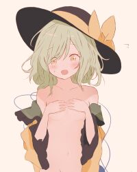 Rule 34 | 1girl, absurdres, black headwear, blush, bow, breasts, collarbone, collared shirt, commentary request, covering breasts, covering privates, embarrassed, frilled sleeves, frills, green hair, groin, hat, hat bow, highres, iris-san, komeiji koishi, long sleeves, medium hair, naked shirt, navel, open clothes, open shirt, out-of-frame censoring, shirt, simple background, small breasts, sweatdrop, touhou, white background, white shirt, wide sleeves, yellow bow, yellow eyes