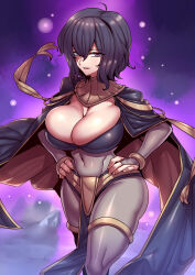 Rule 34 | 1girl, abs, absurdres, aged up, alternate costume, black hair, bracelet, breasts, bridal gauntlets, cape, cleavage, commission, cosplay, covered navel, dark mage (fire emblem awakening), fire emblem, fire emblem awakening, hands on own hips, highres, jewelry, large breasts, looking at viewer, mature female, morgan (female) (fire emblem), morgan (fire emblem), nintendo, open mouth, purple eyes, skeb commission, solo, standing, tharja (fire emblem), tharja (fire emblem) (cosplay), tukiwani
