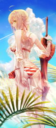 Rule 34 | 1girl, aestus estus, ahoge, ass, back, bare shoulders, bead bracelet, beads, bikini, blonde hair, bow, bracelet, braid, breasts, butt crack, cloud, cloudy sky, cowboy shot, day, fate/grand order, fate (series), french braid, green eyes, hair bow, highres, holding, holding sword, holding weapon, jewelry, long hair, long sleeves, looking at viewer, looking back, medium breasts, nero claudius (fate), nero claudius (fate) (all), nero claudius (swimsuit caster) (fate), nero claudius (swimsuit caster) (third ascension) (fate), outdoors, palm tree, robe, see-through, side-tie bikini bottom, sky, standing, striped bikini, striped clothes, sul ( 20sub), swimsuit, sword, tree, weapon, white bow