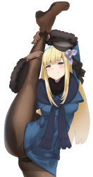 Rule 34 | 1girl, absurdres, arms up, ass, bad id, bad pixiv id, black hat, black scarf, blonde hair, blue coat, blue jacket, blue scarf, blush, breasts, brown footwear, brown gloves, closed mouth, coat, commentary request, fate/grand order, fate (series), fur-trimmed sleeves, fur scarf, fur trim, gloves, green eyes, hat, highres, jacket, leg hold, leg up, long hair, long sleeves, oyamaru, panties, panties under pantyhose, pantyhose, reines el-melloi archisorte, scarf, simple background, smile, solo, split, standing, standing on one leg, standing split, thighs, underwear, white background
