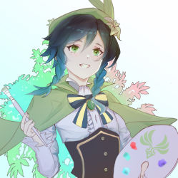 Rule 34 | 1boy, absurdres, androgynous, black hair, blue hair, blush, bow, braid, brooch, cape, collared cape, collared shirt, corset, flower, frilled sleeves, frills, gem, genshin impact, gradient hair, green eyes, green hat, grin, hat, hat flower, highres, holding, holding paintbrush, jewelry, leaf, long sleeves, male focus, multicolored hair, open mouth, paintbrush, palette (object), shirt, short hair with long locks, smile, solo, teeth, twin braids, venti (genshin impact), white background, white flower, white shirt, yasuzume