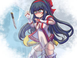 Rule 34 | 1girl, ainu clothes, artist request, blue hair, blush, breasts, clothes pull, convenient censoring, fingerless gloves, gloves, grey eyes, hair ribbon, highres, legs, long hair, nakoruru, navel, no bra, open clothes, open mouth, panties, pants, pants pull, ribbon, samurai spirits, shaded face, slashing, small breasts, snk, surprised, thighs, torn clothes, underwear, weapon, white panties
