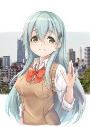 Rule 34 | 1girl, adapted costume, aqua hair, bow, bowtie, cityscape, commentary request, dress shirt, green eyes, highres, kantai collection, long hair, looking at viewer, minosu, orange bow, orange bowtie, photo background, school uniform, shirt, sleeves rolled up, solo, suzuya (kancolle), suzuya kai ni (kancolle), sweater vest, upper body, waving, white shirt
