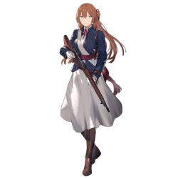 Rule 34 | 1girl, belt, blue jacket, bolt action, boots, brown hair, cross-laced footwear, duoyuanjun, full body, girls&#039; frontline, gloves, green eyes, gun, hair bun, jacket, lace-up boots, looking at viewer, m1903 springfield, rifle, shirt, single hair bun, smile, solo, springfield (girls&#039; frontline), surprised, walking, weapon, white gloves, white shirt