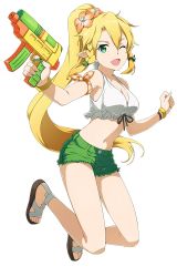 Rule 34 | 1girl, blonde hair, bracelet, braid, feet, flower, full body, green eyes, gun, hair flower, hair ornament, holding, holding gun, holding weapon, jewelry, leafa, long hair, looking at viewer, midriff, navel, non-web source, official art, one eye closed, open mouth, sandals, short hair, side braid, simple background, solo, sword art online, toes, twin braids, water gun, weapon, white background