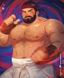 Rule 34 | 1boy, abs, alternate body hair, arm hair, armpit hair, armpit hair peek, bara, beard, blush, chest hair, clenched hands, cowboy shot, daisukebear, dougi, facial hair, fingerless gloves, forked eyebrows, frown, gloves, hairy, headband, incoming attack, incoming punch, large pectorals, looking at viewer, male focus, mature male, midriff sarashi, muscular, muscular male, navel, navel hair, nipples, nose blush, paid reward available, pectorals, punching, red headband, ryu (street fighter), sarashi, short hair, solo, stomach, street fighter, street fighter 6, thick eyebrows, thick mustache, topless male, veins, veiny arms