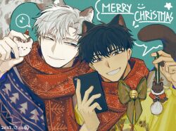 Rule 34 | 2boys, animal ears, animal charm, atan 003, blue background, brown eyes, brown hair, cat boy, cat ears, cat tail, christmas, grin, holding, holding phone, ilay riegrow, jeong taeui, kemonomimi mode, looking at phone, male focus, merry christmas, multiple boys, musical note, passion (manhwa), phone, red scarf, scarf, shared clothes, shared scarf, short hair, simple background, smile, spoken musical note, sweater, tail, tan, teeth, thick eyebrows, upper body, white hair