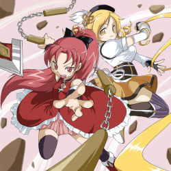 Rule 34 | 10s, 2girls, beret, black legwear, blonde hair, boots, breasts, chain, corset, detached sleeves, drill hair, fang, fingerless gloves, gloves, hair ornament, hair ribbon, hat, large breasts, long hair, magical girl, mahou shoujo madoka magica, mahou shoujo madoka magica (anime), multiple girls, open mouth, outstretched arms, pleated skirt, polearm, ponytail, red eyes, red hair, ribbon, sakura kyoko, skirt, smile, spear, striped clothes, striped legwear, striped thighhighs, thighhighs, tomoe mami, uraki, vertical-striped clothes, vertical-striped legwear, vertical-striped thighhighs, weapon, yellow eyes