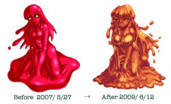 Rule 34 | 1girl, barefoot, before and after, blush, breasts, comparison, feet, food, fruit, glowing, glowing eyes, kenkou cross, monster girl, monster girl encyclopedia, omitted bits, orange (fruit), red slime (monster girl encyclopedia), red theme, semiliquid, simple background, slime (substance), slime girl, smile, toes, yellow eyes