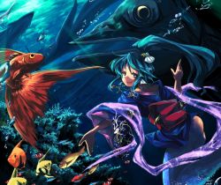 Rule 34 | 1girl, animal ears, aqua eyes, clam, coral, fish, hair ornament, japanese clothes, jewelry, kimono, long hair, looking back, mermaid, monster girl, necklace, original, ponytail, solo, sorano eika, underwater