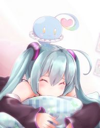 Rule 34 | 1girl, ahoge, akino coto, bare shoulders, black sleeves, blush, commentary, detached sleeves, closed eyes, hatsune miku, hatsune miku graphy collection, long hair, lying, hugging object, on stomach, pillow, pillow hug, spring onion print, tears, twintails, vocaloid