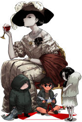 Rule 34 | 2021, 2boys, 2girls, alcina dimitrescu, angie (resident evil), artist request, beard, black hair, chair, child, cup, donna beneviento, dress, drinking glass, facial hair, fish, hat, highres, hood, hoodie, jacket, jewelry, karl heisenberg, kneeling, crossed legs, looking to the side, multiple boys, multiple girls, necklace, puppet, resident evil, resident evil village, salvatore moreau, simple background, sunglasses, toy, white background, wine glass, aged down