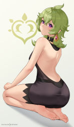 Rule 34 | 1girl, :/, absurdres, artist name, ass, back, backless outfit, barefoot, black dress, collei (genshin impact), crossed bangs, dress, earrings, feet, frown, full body, genshin impact, gradient background, green background, green hair, grey background, hair between eyes, hand on own thigh, highres, hioyami, jewelry, legs, looking at viewer, patreon logo, patreon username, purple eyes, seiza, short hair, simple background, single earring, sitting, soles, solo, thighs, toes, v-shaped eyebrows