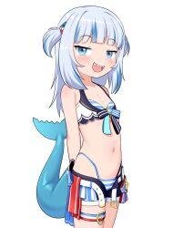Rule 34 | 1girl, absurdres, alternate costume, arms behind back, bikini, bikini under clothes, black shorts, blue bikini, blue eyes, blue hair, blush, collarbone, commentary, cowboy shot, english commentary, fins, fish tail, flat chest, gawr gura, hair ornament, highleg, highleg bikini, highres, hololive, hololive english, long hair, looking at viewer, multicolored hair, navel, open fly, open mouth, shark girl, shark hair ornament, shark tail, sharp teeth, shino (shinokani), shorts, simple background, solo, streaked hair, striped bikini, striped clothes, swimsuit, tail, teeth, thigh strap, two side up, variant set, virtual youtuber, white background