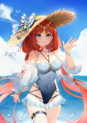 Rule 34 | 1girl, aqua eyes, artist name, bare shoulders, between breasts, blue one-piece swimsuit, blue sky, bow, breasts, circlet, cloud, commentary request, covered navel, cowboy shot, cross-laced clothes, dated, genshin impact, grin, hand up, hat, hat bow, highleg, highleg swimsuit, highres, long hair, looking at viewer, lxy122, medium breasts, nilou (genshin impact), ocean, one-piece swimsuit, parted bangs, pleated skirt, red hair, see-through, see-through skirt, see-through sleeves, skindentation, skirt, sky, smile, solo, straw hat, sun hat, swimsuit, thigh strap, thighs, twintails, waving