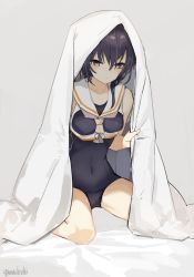 Rule 34 | 1girl, asymmetrical hair, bed, black hair, blanket, blush, breasts, covered navel, crop top, framed breasts, grey background, hair between eyes, i-13 (kancolle), kantai collection, navel, one-hour drawing challenge, one-piece swimsuit, sailor collar, school swimsuit, short hair, signature, simple background, sitting, solo, swimsuit, white sailor collar, yamashichi (mtseven)