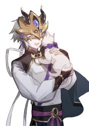 Rule 34 | 1boy, androgynous, armor, azarashi ball, blue eyes, cat, chinese armor, chinese clothes, fate/grand order, fate (series), grey hair, highres, horned mask, male focus, mask, multicolored clothes, one eye closed, open mouth, prince of lan ling (fate), smile, solo