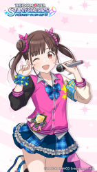 Rule 34 | 1girl, ;d, armband, asymmetrical clothes, blue neckwear, blue skirt, brown eyes, brown hair, copyright name, hair ornament, hair ribbon, hair scrunchie, highres, holding, holding microphone, idolmaster, idolmaster shiny colors, leg up, long hair, microphone, miniskirt, one eye closed, open mouth, pink ribbon, pink scrunchie, pleated skirt, ribbon, scrunchie, skirt, smile, solo, sonoda chiyoko, standing, standing on one leg, star (symbol), star print, striped clothes, striped ribbon, striped scrunchie, twintails, wrist cuffs