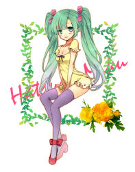 Rule 34 | 1girl, female focus, full body, green eyes, green hair, hatsune miku, highres, long hair, matching hair/eyes, plant, sitting, smile, solo, thighhighs, twintails, very long hair, vocaloid, white background, yuh