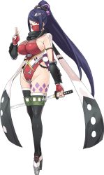 Rule 34 | 1girl, artist request, breasts, covered mouth, fingerless gloves, full body, gloves, hair ornament, hairclip, holding, holding weapon, huge breasts, katana, leotard, long hair, mask, mouth mask, nikki yakata (oshiro project), ninja, official art, oshiro project:re, oshiro project:re, ponytail, purple hair, red eyes, scarf, sleeveless, solo, sword, thighhighs, transparent background, very long hair, weapon