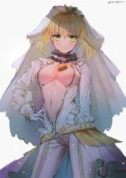 Rule 34 | 10s, 1girl, arm behind back, bad id, bad pixiv id, belt, blonde hair, blush, bodysuit, breasts, breasts apart, bridal veil, chain, confetti, contrapposto, cowboy shot, fate/extra, fate/extra ccc, fate/grand order, fate (series), gloves, gradient background, green eyes, hanato (seonoaiko), hand on own hip, large breasts, lock, looking at viewer, navel, nero claudius (bride) (fate), nero claudius (fate), nero claudius (fate) (all), short hair, solo, standing, twitter username, unzipped, veil, white bodysuit, white gloves, zipper
