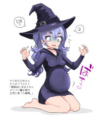 Rule 34 | 1girl, belly, blue eyes, blue hair, breasts, choker, covered navel, dress, earrings, female focus, hat, highres, hooded dress, jewelry, kanimura ebio, mind control, nervous smile, no bra, original, pregnant, purple hat, short dress, simple background, sitting, small breasts, smile, solo, surprised, twintails, wariza, white background, wide-eyed, witch, witch hat