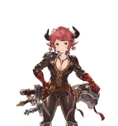 Rule 34 | 10s, 1girl, belt, bodysuit, breasts, brown eyes, cleavage, draph, earrings, gloves, goggles, granblue fantasy, hands on own hips, helmet, horns, jewelry, looking at viewer, minaba hideo, necklace, official art, pointy ears, racing suit, red gloves, red hair, solo, sturm (granblue fantasy), sword, transparent background, weapon