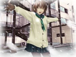 Rule 34 | :d, ^ ^, androgynous, bad id, bad pixiv id, blurry, brown hair, cardigan, closed eyes, depth of field, closed eyes, gender request, gloves, grey pantyhose, hitori (htr t), necktie, open mouth, original, outstretched arms, pantyhose, pleated skirt, school uniform, short hair, skirt, smile, snow, solo, spread arms