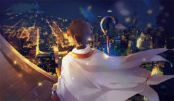 Rule 34 | 1boy, bad id, bad pixiv id, brown hair, cape, cityscape, crook, dark skin, dark-skinned male, fate/prototype, fate/prototype: fragments of blue and silver, fate (series), from behind, heru (goldprin), male focus, ozymandias (fate), solo, staff