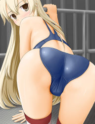 Rule 34 | 10s, 1girl, all fours, ass, blonde hair, brown eyes, competition swimsuit, kantai collection, long hair, one-piece swimsuit, personification, shimakaze (kancolle), solo, striped clothes, striped thighhighs, swimsuit, thighhighs, tk4