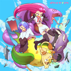 Rule 34 | 1boy, 1girl, angry, arbok, black gloves, blue hair, clenched hand, clenched hands, closed eyes, creatures (company), game freak, gen 1 pokemon, gloves, hanzoumon (purinn1014), james (pokemon), jessie (pokemon), meowth, nintendo, open mouth, pokemon, pokemon (anime), pokemon (classic anime), pokemon (creature), red hair, team rocket, team rocket uniform, victreebel, weezing