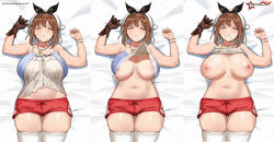 Rule 34 | 1girl, absurdres, areola slip, atelier (series), atelier ryza, atelier ryza 1, awesomeerix, blush, breasts, brown eyes, brown hair, clothes lift, hair ornament, hairclip, hat, highres, jewelry, large breasts, looking at viewer, lying, multiple views, navel, necklace, nipple slip, nipples, no bra, on back, open mouth, plump, red shorts, reisalin stout, shirt lift, short hair, short shorts, shorts, sleeping, thick thighs, thighhighs, thighs, underboob