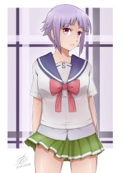 Rule 34 | 10s, 1girl, 2014, abstract background, absurdres, arms at sides, arms behind back, artifedex, bow, cowboy shot, dated, fnc (upotte!!), green skirt, head tilt, highres, looking at viewer, miniskirt, purple hair, red bow, red eyes, school uniform, shirt, short hair, skirt, solo, standing, upotte!!, white shirt