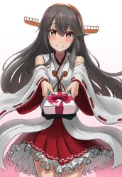 Rule 34 | 10s, 1girl, ao iro, bare shoulders, black hair, blush, box, brown eyes, detached sleeves, gift, gift box, gradient background, hair between eyes, hair ornament, hairband, hairclip, haruna (kancolle), headgear, highres, holding, holding gift, incoming gift, japanese clothes, kantai collection, long hair, nontraditional miko, pink background, pleated skirt, red skirt, ribbon-trimmed sleeves, ribbon trim, skirt, smile, solo, valentine, wide sleeves