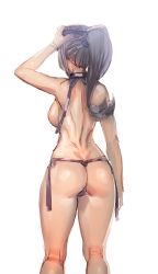 Rule 34 | 1girl, ass, bikini, black bikini, bow (bhp), breasts, dimples of venus, from behind, grey hair, hand up, kneepits, large breasts, long hair, original, ponytail, simple background, solo, swimsuit, thong, thong bikini, toned, topless, white background