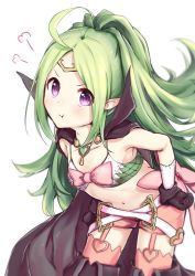 Rule 34 | 1girl, :t, ahoge, bent over, blush, cape, closed mouth, fire emblem, fire emblem awakening, fume, gloves, green hair, highres, looking at viewer, midriff, navel, nintendo, nowi (fire emblem), pointy ears, pout, purple eyes, sidelocks, simple background, solo, topia, tpa425, white background