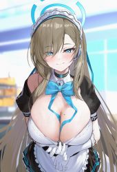 Rule 34 | 1girl, apron, asuna (blue archive), black dress, blue archive, blue neckwear, blush, bow, bowtie, breasts, choker, cleavage, commentary, dress, elbow gloves, gloves, halo, headphones, highres, large breasts, light brown hair, long hair, long sleeves, maid headdress, mole, mole on breast, neck ribbon, own hands together, ribbon, short sleeves, smile, white apron, white gloves, xiujia yihuizi