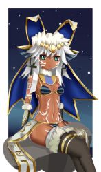 Rule 34 | 1girl, ankh, aqua eyes, bikini, black thighhighs, bodypaint, breasts, cleavage, dark-skinned female, dark skin, egyptian, egyptian clothes, elbow gloves, facepaint, fur trim, gloves, grey gloves, groin, headdress, jewelry, long hair, lots of jewelry, mippzer, navel, necklace, night, night sky, outdoors, puzzle &amp; dragons, rock, sitting, sitting on rock, sky, small breasts, solo, sopdet (p&amp;d), star (sky), swimsuit, thighhighs, white hair, zettai ryouiki
