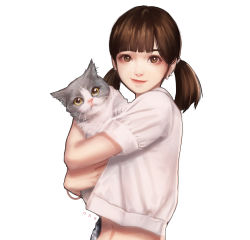 Rule 34 | 1girl, absurdres, animal, blunt bangs, brown eyes, brown hair, cat, closed mouth, commentary, crop top, ear piercing, earrings, english commentary, eyelashes, eyeshadow, hair tie, highres, holding, holding animal, holding cat, jewelry, lips, looking at viewer, makeup, ony saputra, piercing, real life, shirt, short sleeves, short twintails, simple background, sixtutu, smile, solo, twintails, upper body, white background, white shirt