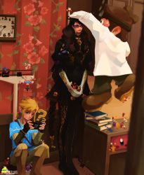 Rule 34 | 1girl, 2boys, bayonetta, bayonetta (series), bayonetta 3, black hair, blonde hair, bodysuit, brown hair, clock, closed eyes, closed mouth, commentary, dr. mario, dr. mario (game), english commentary, glasses, gloves, handheld game console, height difference, highres, hiroshi (hiiroshiiii), holding, holding handheld game console, indoors, instagram username, kirby, kirby (series), lab coat, link, long hair, long sleeves, looking at another, looking at viewer, mario, mario (series), measuring, multiple boys, nintendo, nintendo switch, own hands together, pikmin (creature), pikmin (series), playing games, short hair, sitting, standing, tall female, the legend of zelda, the legend of zelda: breath of the wild, twitter username, v arms, very long hair, wall clock