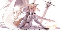 Rule 34 | 1girl, animal ear fluff, animal ears, arknights, armor, bare legs, barefoot, blemishine (arknights), blonde hair, breastplate, extra ears, feet, female knight, full armor, hickey, highres, horse ears, horse girl, horse tail, knight, looking at viewer, plate armor, sword, tail, weapon, yellow eyes, yellow tail, yuan long