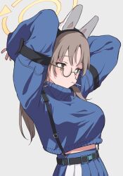 Rule 34 | 1girl, animal ears, arms behind head, belt, black belt, blue archive, blue skirt, blue sweater, breasts, brown eyes, brown hair, fake animal ears, food in mouth, glasses, grey background, halo, highres, large breasts, long hair, long sleeves, moe (blue archive), pleated skirt, rabbit ears, round eyewear, simple background, skirt, solo, sweater, twintails, two-tone skirt, white skirt, yellow halo, yomoyama55