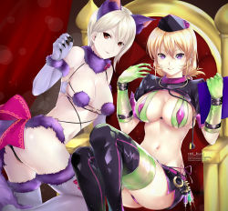 Rule 34 | 10s, 2girls, :q, alternate costume, animal ears, ass, bikini, blonde hair, blush, boots, breasts, claws, cleavage, commentary, cosplay, fate/grand order, fate (series), florence nightingale (fate), florence nightingale (fate) (cosplay), florence nightingale (trick or treatment) (fate), fur-trimmed gloves, fur-trimmed legwear, fur collar, fur trim, gloves, green gloves, green legwear, hair between eyes, halloween costume, hat, highres, kneeling, large breasts, long hair, looking at viewer, looking back, mash kyrielight, mash kyrielight (dangerous beast), mash kyrielight (dangerous beast) (cosplay), multiple girls, nakiri alice, nakiri erina, navel, nurse cap, o-ring, o-ring top, official alternate costume, purple eyes, purple gloves, purple legwear, rei kun, revealing clothes, rubber gloves, saliva, saliva trail, shokugeki no souma, shrug (clothing), sitting, smile, stethoscope, stomach, strap gap, swimsuit, syringe, tail, thigh boots, thighhighs, thrown, tongue, tongue out, watermark, web address, wolf ears, wolf tail