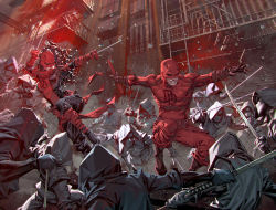 Rule 34 | 1girl, 6+boys, battle, black bodysuit, black hair, bodysuit, breasts, comic cover, commentary, cover image, daredevil, dougi, elektra natchios, english commentary, fighting, fire escape, highres, holding, holding sword, holding weapon, hood, hood up, kael ngu, marvel, mask, matt murdock, medium breasts, multiple boys, ninja, official art, parted lips, red bodysuit, red lips, sai (weapon), signature, superhero costume, sword, weapon, western comics (style)