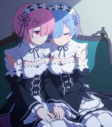 Rule 34 | 2girls, apron, black dress, blue hair, breasts, cleavage, closed eyes, closed mouth, commentary request, couch, day, dress, goribote, holding hands, indoors, long sleeves, looking at another, maid, maid apron, maid headdress, medium breasts, medium hair, multiple girls, open mouth, pink hair, ram (re:zero), re:zero kara hajimeru isekai seikatsu, rem (re:zero), siblings, sisters, sitting, sleeping, small breasts, smile, thighhighs, white thighhighs