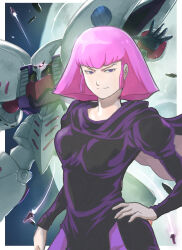 Rule 34 | 1girl, black shirt, border, breasts, closed mouth, commentary request, funnels (gundam), glowing, glowing eye, gundam, gundam zz, haman karn, hand on own hip, highres, juliet sleeves, k katora, light smile, long sleeves, looking at viewer, mecha, medium breasts, medium hair, mobile suit, moon, one-eyed, open hand, outside border, pink hair, puffy sleeves, purple eyes, qubeley, robot, science fiction, shirt, split mouth, v-shaped eyebrows, white border