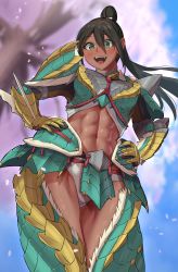 Rule 34 | 1girl, :d, abs, absurdres, armor, armored boots, bikini, black hair, blue sky, blurry, blurry background, blush, boots, breasts, capcom, cherry blossoms, commentary, cowboy shot, crop top, dark-skinned female, dark skin, day, faulds, floating hair, from below, gauntlets, green armor, green eyes, green footwear, hair between eyes, high ponytail, highres, long hair, looking to the side, medium breasts, midriff, monju (monster hunter), monster hunter (series), monster hunter rise, navel, open mouth, shoulder armor, sidelocks, sky, smile, solo, standing, swimsuit, teeth, toin (iitoin), tree, upper teeth only, white bikini