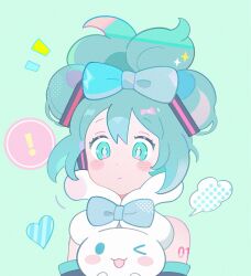 Rule 34 | !, 1girl, :t, aqua bow, aqua eyes, aqua hair, black sleeves, blush stickers, borrowed hairstyle, bow, cinnamiku, cinnamoroll, cloud, creature, detached sleeves, dot nose, ear bow, folded twintails, green background, halftone, hatsune miku, heart, highres, holding, holding creature, klarogiraffe, multicolored hair, number tattoo, one eye closed, pastel colors, sanrio, sparkle, spoken exclamation mark, tattoo, tied ears, twintails, updo, upper body, vocaloid