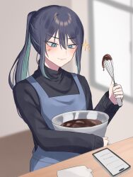 Rule 34 | 1girl, absurdres, ado (utaite), apron, black hair, black sweater, blue apron, blue eyes, blue hair, blush, bowl, cellphone, chando (ado), chocolate making, closed mouth, cloud nine inc, colored inner hair, commentary, food, food on face, hair between eyes, hashtag-only commentary, highres, holding, holding bowl, holding whisk, long hair, long sleeves, mole, mole under eye, multicolored hair, phone, ponytail, sidelocks, smartphone, solo, sparkle, sweater, tsukuno tsuki, utaite, whisk